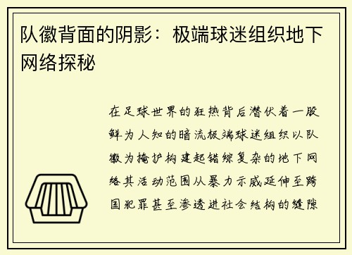 队徽背面的阴影：极端球迷组织地下网络探秘